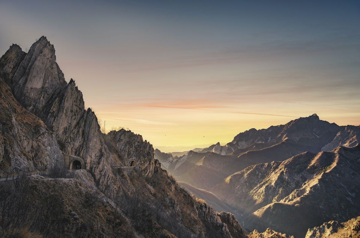 Alpi Apuane mountains and marble quarry view. Carrara, Tuscany, Italy.